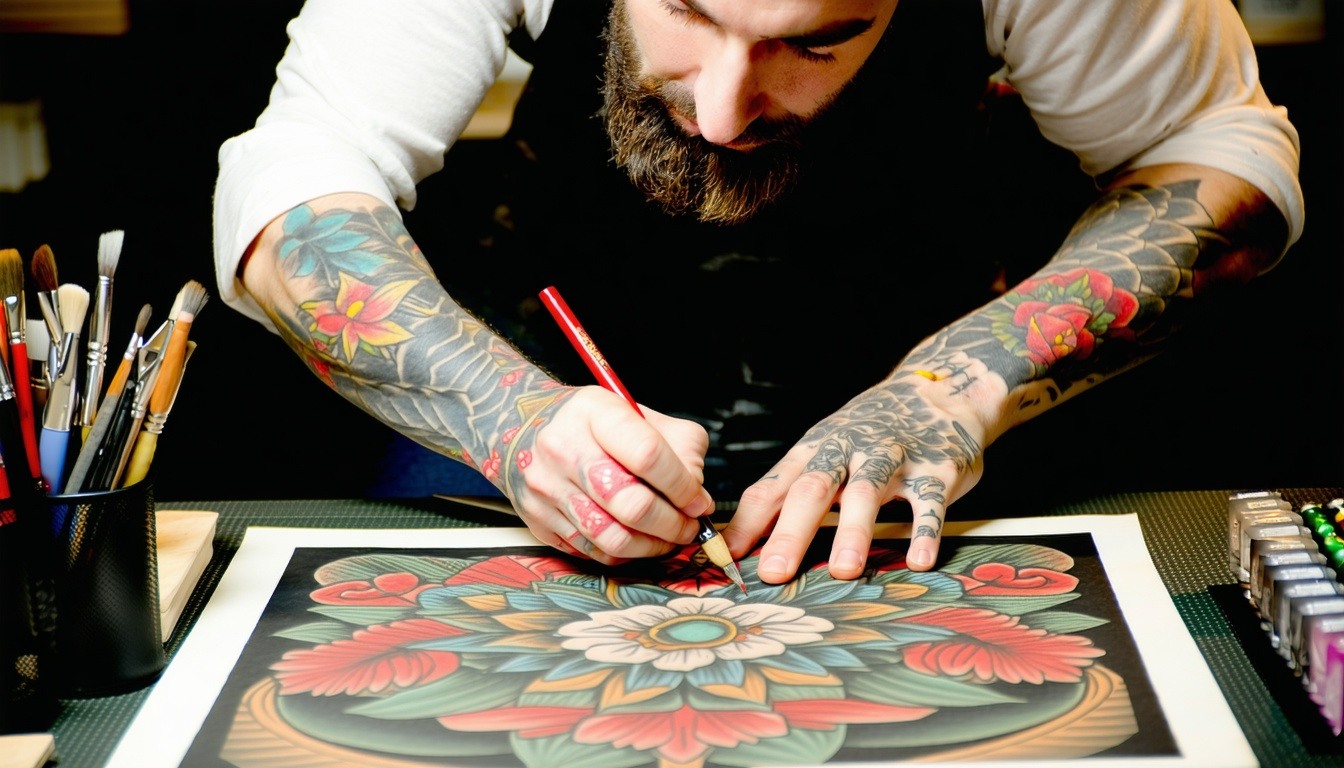 Artist crafting a traditional tattoo design