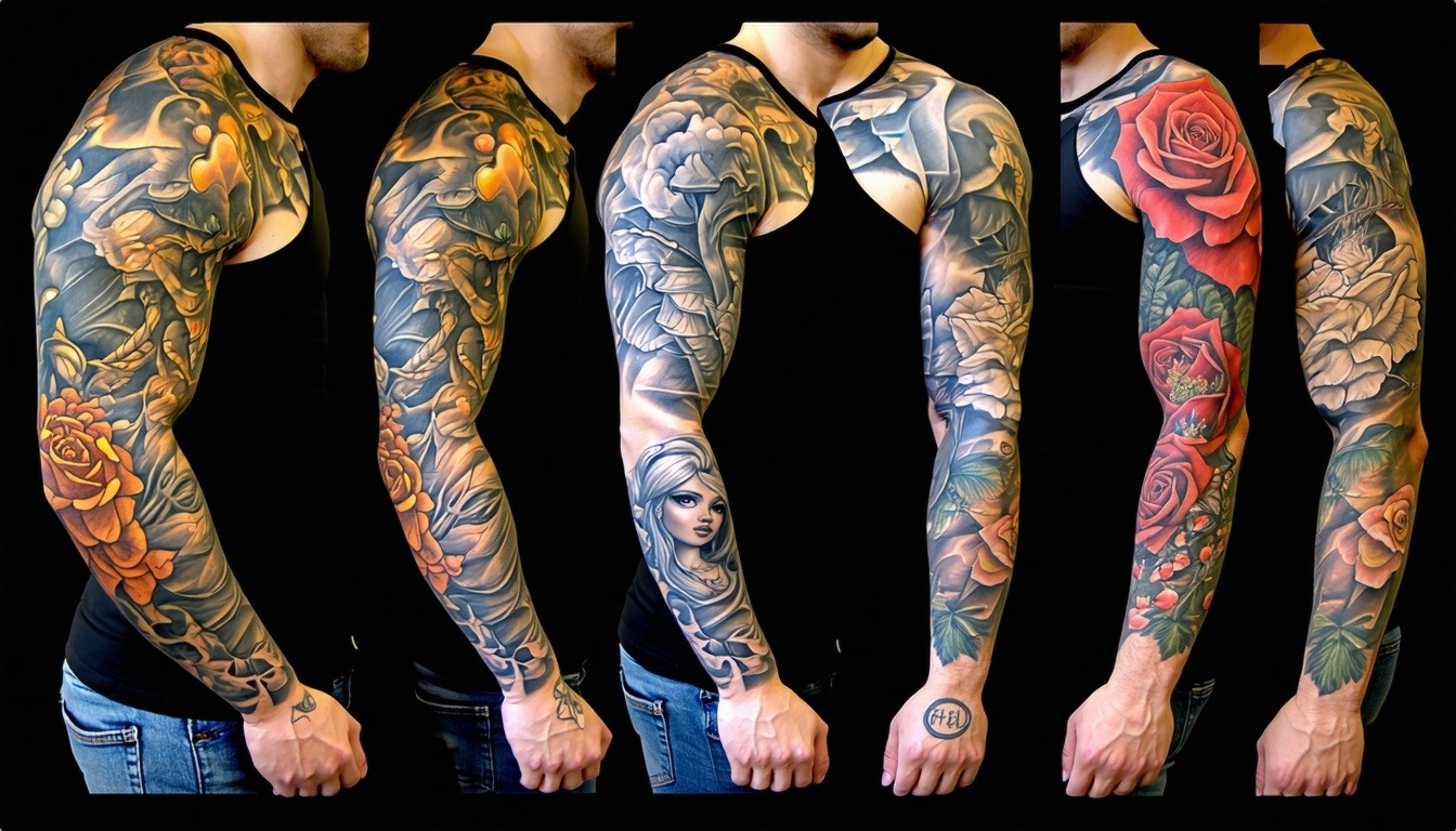 Tattoo sleeve showcasing diverse styles