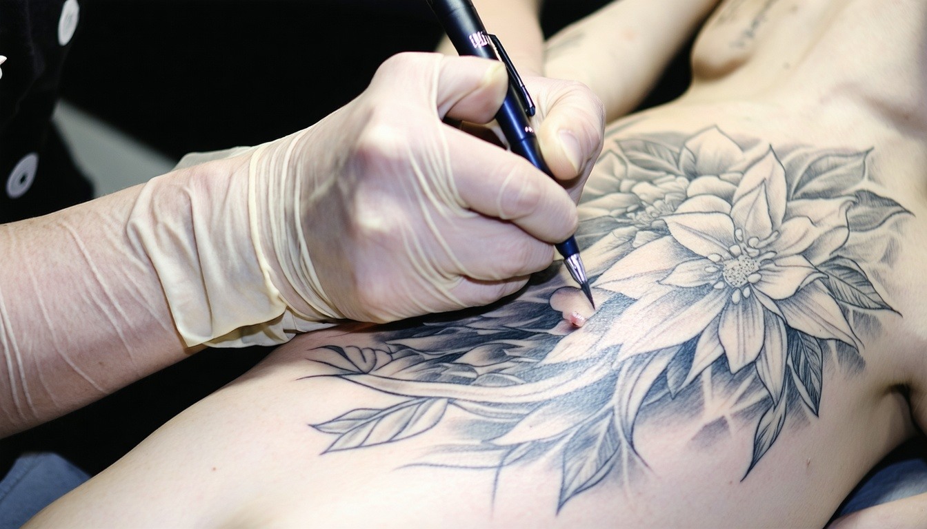 Fine-line tattoo in progress